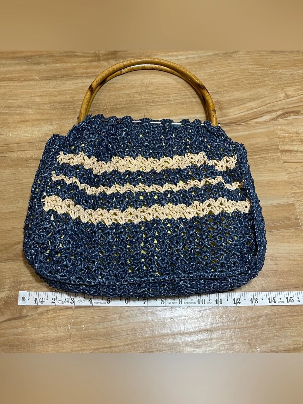Handmade crocheted?/macrame? handbag recycled materials bamboo handles 14”x11”